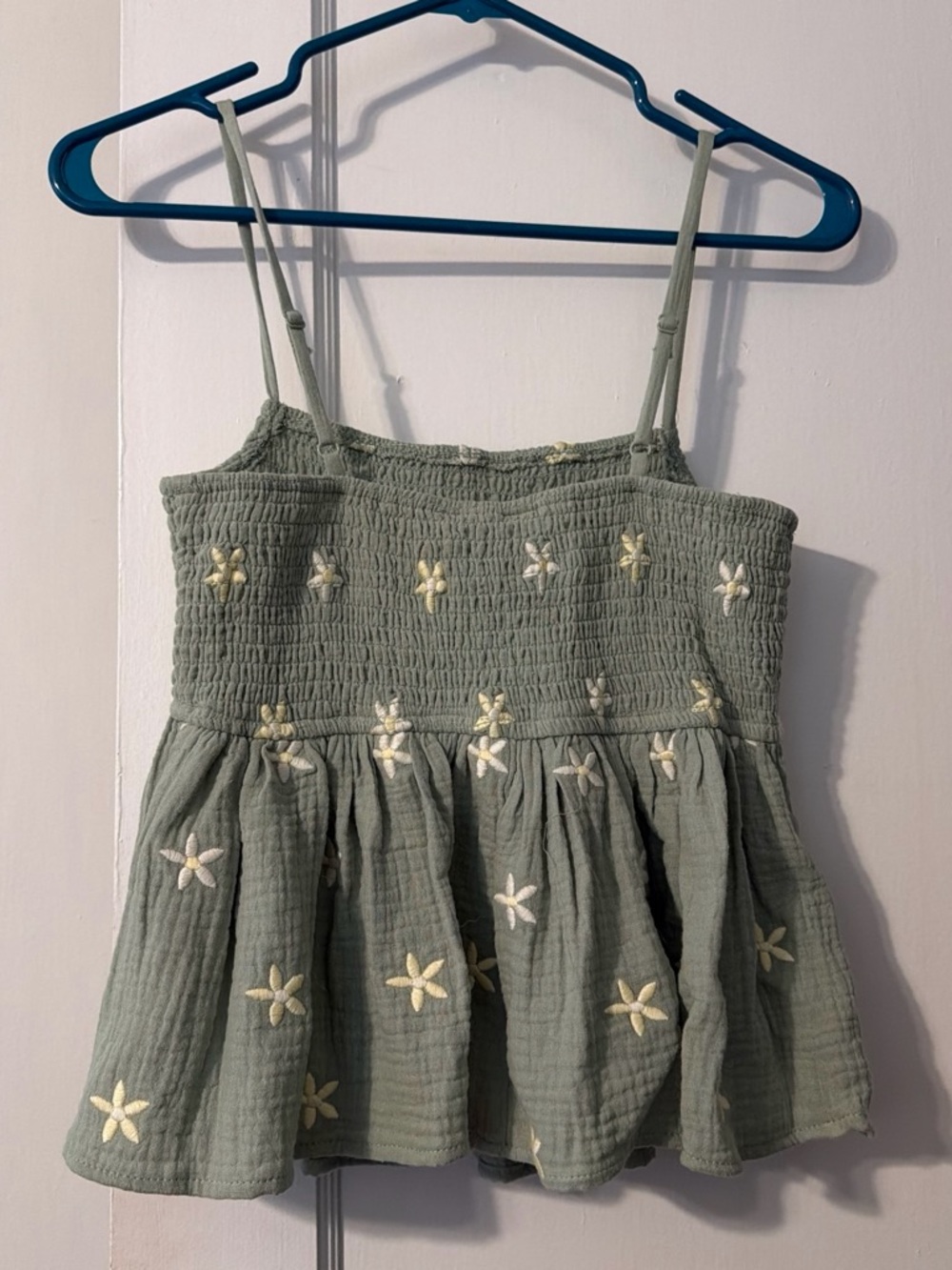 Kids Floral Embroidered Smocked Tank Top - Sage Green